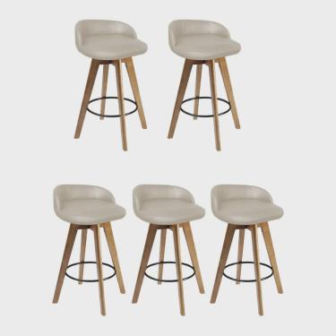 Imagem de Kit 05 Banqueta Alta Com Encosto Berlim Base Giratória Madeira Sintético Bege - Ahz Móveis