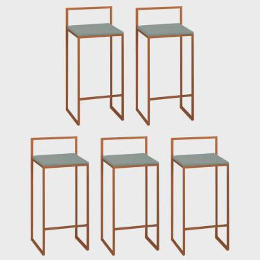 Imagem de Kit 05 Banquetas Alta Com Encosto Lino Industrial Balcão Bistrô Ferro Bronze mdf Madeira Verde Oliva - Ahz Móveis