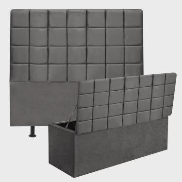 Imagem de Kit Cabeceira Estofada e Calçadeira Baú Recamier Clara 160cm Queen Size Corino Chumbo - Ahz Móveis