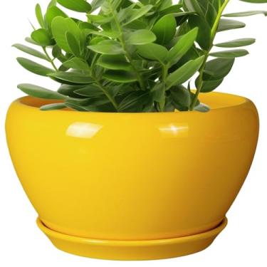 Imagem de Ceramicfor Vaso interno de 28 cm - Vaso decorativo de cerâmica grande de meados do século para plantas ao ar livre com orifício de drenagem e pires, casa, varanda, jardim, pátio, escritório, decoração