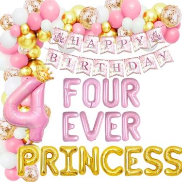 Imagem de Roaring Good Time Decorações De Aniversário Da Four Ever A Princess, Castelos Princesa Rosa Dourado, Guirlanda Balões, Coroa, Número 4, Balões Metalizados, Banner Para Festa 4 Anos, Suprimentos Deco