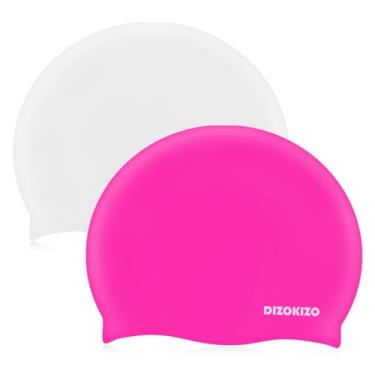 Imagem de Dizokizo 2 toucas de natação de silicone para crianças de 6 a 14 anos, touca de natação antiderrapante confortável de alta elasticidade para meninas e meninos, chapéus de natação duráveis à prova