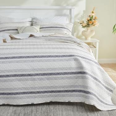 Imagem de Gogreen Conjunto de edredom King – Conjunto de cama leve para todas as estações, respirável com 2 fronhas, cama refrescante em uma bolsa para dormir quente, listras cinza