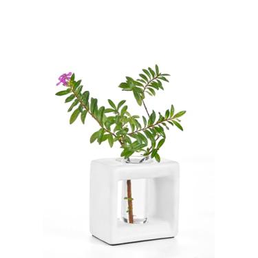 Imagem de ORGJ Vaso hidropônico de cerâmica 2 em 1 e difusor de palheta, mini plantador de ervas interno para mesa, suporte de buquê floral com aromaterapia natural, decoração de fragrância doméstica para