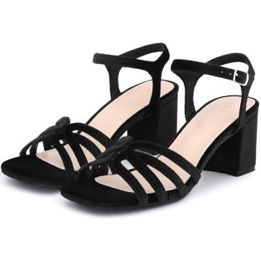 Imagem de Allegra K Sandálias femininas de salto grosso de veludo com bico quadrado, Preto, 37
