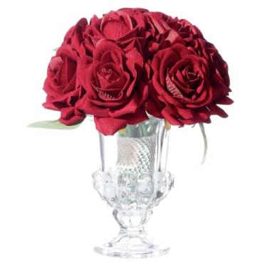 Imagem de WishTip Rosas de veludo em vaso de cristal, flores artificiais com vaso, arranjos de flores de seda para casa, casamento e escritório, decoração de mesa, peça central, vinho