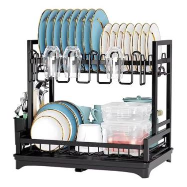 Imagem de Escorredor De Louça Prato Cozinha 2 Andares Inox Bandeja Grande Moderno Preto - Com Porta Pratos Talheres Copos (A)