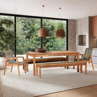 Imagem de Conjunto 2 Bancos 2 Cadeiras 1 Mesa 180cm - Varanda Coberta/Área Gourmet Traço Stain Jatobá/Corda Verde Oliva