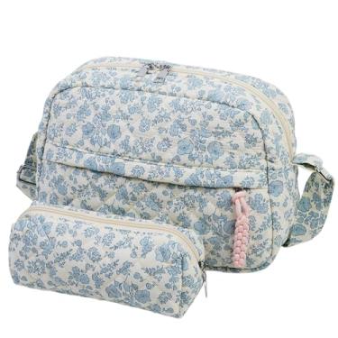 Imagem de 2 peças/conjunto de bolsa transversal pequena fofa floral acolchoada com vários bolsos para mulheres, bolsas de ombro para uso diário, Azul claro