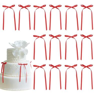 Imagem de 30 Pack Red Ribbon Bow Cake Toppers Birthday Decorations Coquette Bow Cupcake Toppers for Cake Dessert Wedding Bridal Balloon Wall Party Supplies