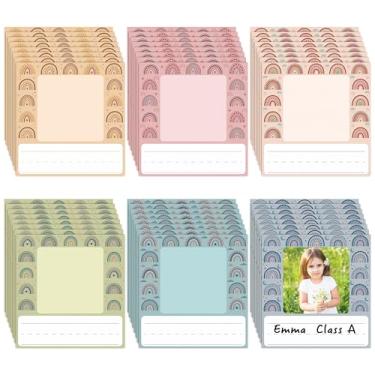 Imagem de Haooryx Placas de identificação com foto de arco-íris Boho para mesa - 48 peças de molduras coloridas Boho com etiqueta de nome autocolante para escola, sala de aula, jardim de infância, pré-escolar