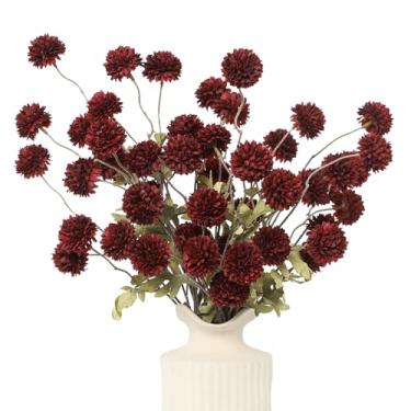 Imagem de DuHouse 6 peças de flores artificiais de seda sintética, mini bola de crisântemo de seda pequena com hastes para buquês de casamento faça você mesmo, centro de mesa, decoração de cozinha (bordô)