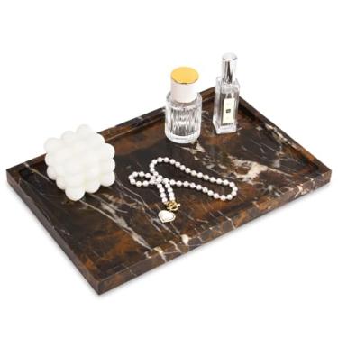 Imagem de Bandeja de banheiro de mármore, bandeja de mesa de banheiro de mármore genuíno natural, para cozinha, banheiro, bancada, decorativa, para café, perfume, joias, maquiagem (preto dourado)