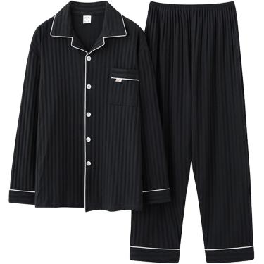 Imagem de Pijama masculino define algodão de manga comprida, manga longa de tecido de tecido de botão com roupão de banho e calça superior de 3, preto 2, xl