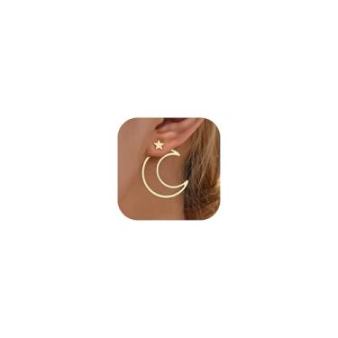 Imagem de Frodete Brincos femininos de lua e estrela estilo lua colar de design de metal oco para uso diário joia celestial delicada acessório de moda versátil, Metal, Sem pedra preciosa