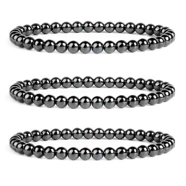 Imagem de Kit 3 Pulseira Elástica Hematita Esfera Bolinha 6mm Emagrecimento