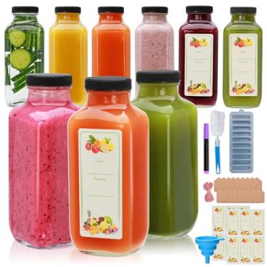 Imagem de Woaiwo-q Garrafas de suco de vidro de 473 ml com tampas, garrafas de água transparente, garrafas de vidro com tampas, frascos reutilizáveis com adesivos para leite, suco, kombucha, suco (pacote com 9)