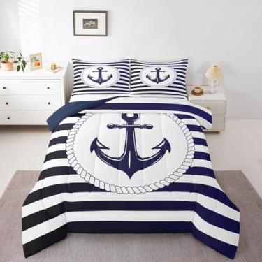 Imagem de Erosebridal Conjunto de edredom náutico, solteiro, para crianças, adultos, azul-marinho, âncora, geométrico, listras azuis, retrô, tema de aventura marítima, decoração de quarto, edredom macio para