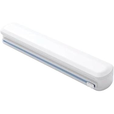 Imagem de Suporte Cortador De Plástico Filme, Papel Alumínio ou Papel Manteiga, Dispenser de Filme PVC com Imã e Ventosa, Prático e Eficiente para Preservação de Alimentos na Cozinha
