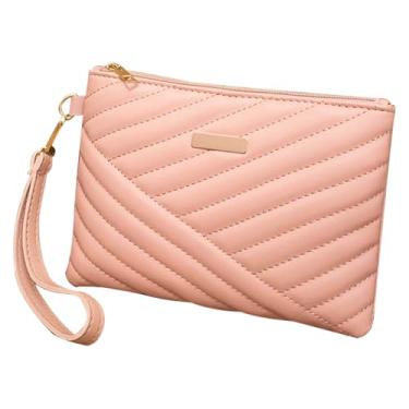 Imagem de WJXFHTD Bolsa de pulso acolchoada, bolsa de mão pequena bordada bolsa de telefone carteira de couro PU bolsa de pulso clutch pequena, Rosa