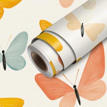 Imagem de HOMETITUTE Papel de parede borboleta descasque e cole papel de parede colorido para contato com insetos, 45 x 300 cm, revestimento de parede autoadesivo de vinil para quarto de crianças, berçário