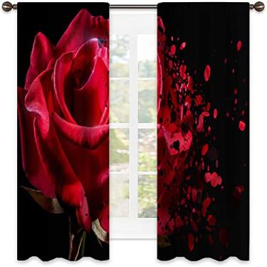 Imagem de Cortinas blecaute com bolso de haste de rosa vermelha, padrão de pétalas caindo, tecido impermeável, decorações de janela de festa de cerimônia de casamento, L106 x C213 cm vermelho e preto