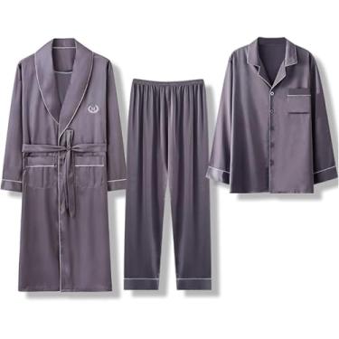 Imagem de Conjunto De Pijamas De Cetim Masculino Ubyer 3 Peças Silk Button-down Pjs Sets Soft Lounge Sets Classic Silk Sleepwear, Light Brown, L