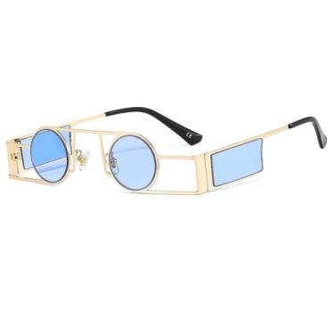 Imagem de Óculos de sol redondos masculinos punk vintage feminino retrô redondo óculos de sol feminino exclusivo metal steampunk óculos UV400, C3Gold, Azul, tamanho único