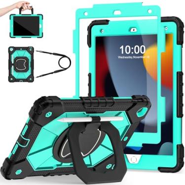 Imagem de Scnioy Capa para iPad 9ª 8ª geração, iPad de 10,2 polegadas, 9ª geração, capa para tablet com protetor de tela, suporte de caneta para crianças com suporte giratório de 360°, preto menta