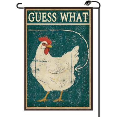 Imagem de Placa de galinha engraçada "Guess What" bandeira de jardim 30 x 45 cm vertical dupla face galinheiro pequenas bandeiras fazenda decoração externa para quintal (apenas bandeira) RC25