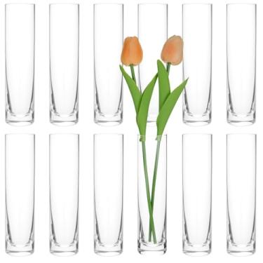 Imagem de Vasos cilíndricos de vidro para centros de mesa, conjunto de 12 vasos pequenos transparentes, decoração de mesa de casamento de flores finas feitas à mão para uma única rosa, decoração de mesa