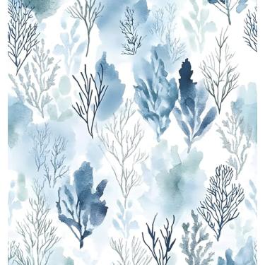 Imagem de Papel de parede azul Boho descasque e cole plantas marinhas samambaia papel de contato 44,5 cm x 299,7 cm vintage Paisley papel de parede botânico vinil impermeável autoadesivo parede moderna mural