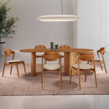 Imagem de Conjunto Mesa 180cm X 80cm Tampo Mdf Canto Copo 6 Cadeiras Celeste Off White / Imbuia Natural