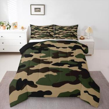 Imagem de jejeloiu Conjunto de cama casal camuflado verde exército verde para crianças, meninos, meninas, estilo militar, conjunto de edredom moderno, 3 peças