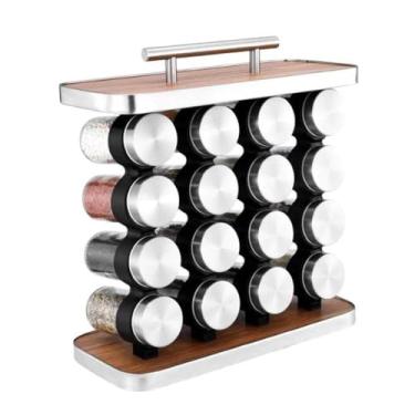 Imagem de Porta Temperos De Alto Padrão com 16 Potes de Vidro e Inox 80ml, Base em Madeira e Inox, Design Moderno, Compacto e Elegante para Cozinha Gourmet Premium
