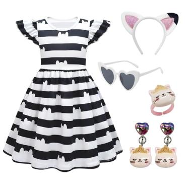 Imagem de DAISYDUDS Fantasia De Casa Bonecas Para Gatos, Vestido Com Mangas Babadas E Listras, Conjunto Acessórios, Roupas Halloween Natal A Pequena Fofura (140 Cm/7-8 Anos)