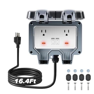 Imagem de ZUYIYI Caixa de tomada externa com cabo de extensão de 16,4 m, interruptores e extensor de tomadas elétricas com indicador de LED, 14 AWG 15 AMP 5-15R, IP66 impermeável, tomada de parede com tampa