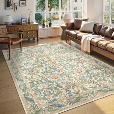 Imagem de LIVEBOX Tapetes bege 12 x 18 cm, laváveis à máquina para quarto, tapetes boho antiderrapantes para sala de estar, tapete grande resistente a manchas de flores para crianças, brincar, berçário