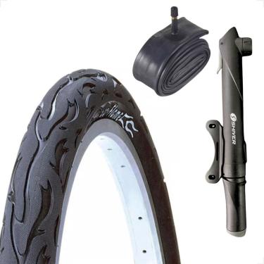 Imagem de Pneu Bicicleta Kenda Flame Balão Aro 26 x 2.125 Liso Fogo Camara Bico grosso Bombinha de ar portatil