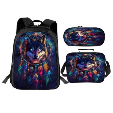 Imagem de Conjunto de mochilas escolares Trimety Wolf com lancheira e estojo de lápis