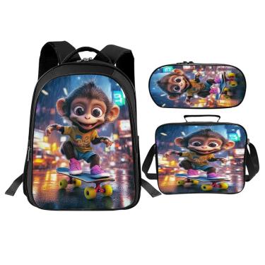 Imagem de Conjunto de mochilas escolares Trimety Monkey com lancheira e estojo de lápis