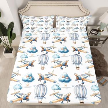 Imagem de Jogo de cama infantil casal com balões de ar quente, avião, avião, avião, decoração de quarto de meninas, desenho animado de estrelas, nuvens, lençol azul, 2 fronhas (sem lençol de cima)