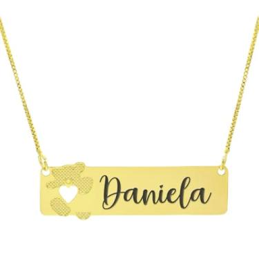 Imagem de Colar Personalizado Ursinho Coração Vazado Gravação Daniela Banhado Ouro 18K - 999012274