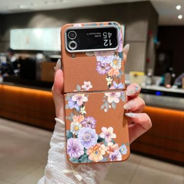 Imagem de Capa para Samsung Galaxy Z Flip 5 com estampa floral, textura de couro, dobrável, capa de celular de TPU macio (para Samsung Galaxy Z Flip 5/A743 marrom)