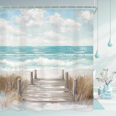 Imagem de Riyidecor Cortina de chuveiro de praia 182 cm L x 182 cm A pintura a óleo azul-petróleo oceano céu verão litoral praia havaiana paisagem moderna natureza litorânea decoração de banheiro tecido