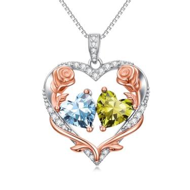 Imagem de Zoeniya Colar de coração rosa para mulheres banhado a ouro branco 18 k 12 meses com pedra do mês de nascimento, presente de aniversário e Natal para sua esposa, namorada, 25mm, base, Zircônia cúbica