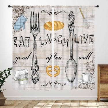 Imagem de Lnepty Cortinas de madeira para cozinha de fazenda, garfo vintage, tema de cozinha, café, janela, celeiro, campo, madeira, prancha, varão, bolso, banheiro, janela, cortinas, 2 painéis, 106 x 113 cm
