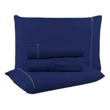 Imagem de Jogo de Lençóis Casal Queen 4 Peças – Algodão Azul Marinho, Elástico 30cm, Acabamento em Ponto Palito