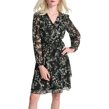 Imagem de DKNY Vestido feminino de manga longa com gola V e bainha com babados e cinto, multicor, 44