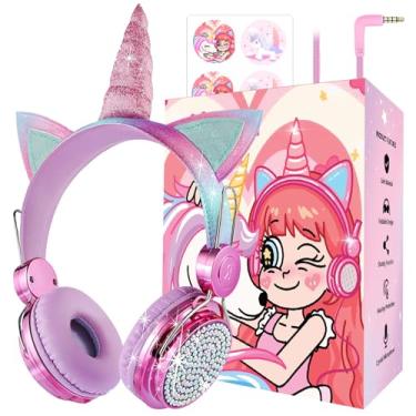Imagem de charlxee Fones de ouvido infantis, unicórnios, fones de ouvido com fio com embalagem de presentes, incluindo adesivo e pulseira para meninas, microfone embutido e estéreo HD para estudo on-line/escola